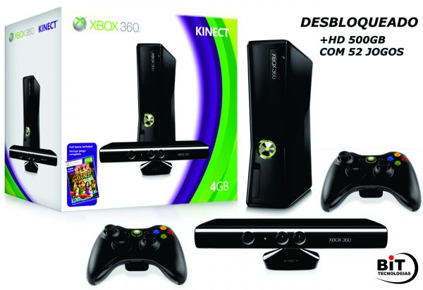 XBOX 360 + KINEKT + 2 CONTROLES + 500GB HD + 52 JOGOS